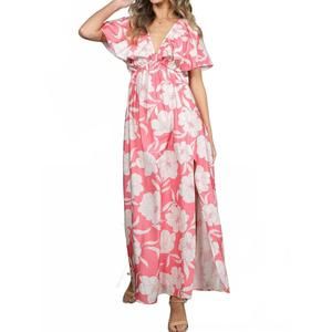 NEW VINE & LOVE floral flutter sleeve slit detail maxi dress in coral